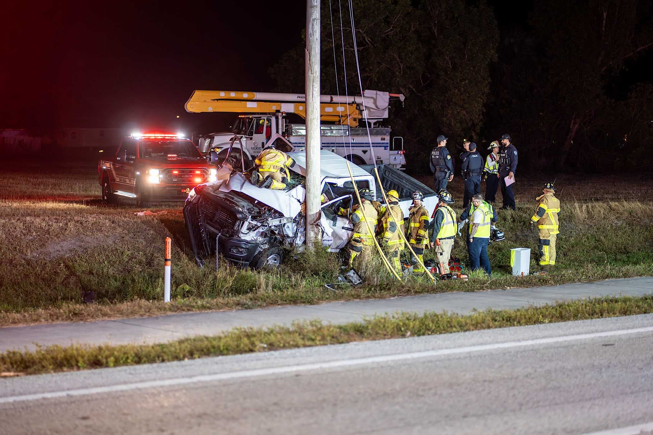 Pickup truck crashes into utility pole, shut down Pine Island Rd Sunday night