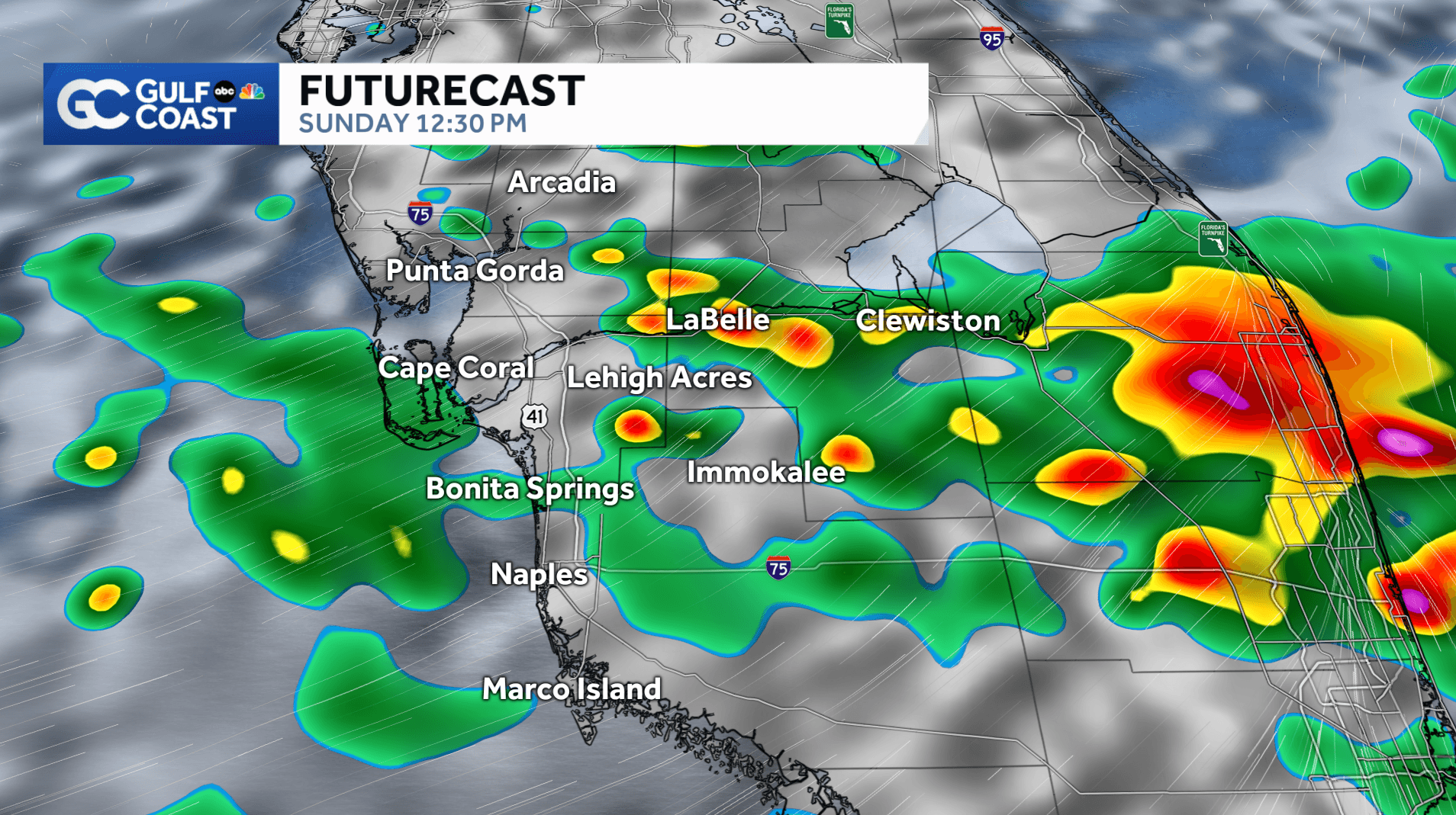 Heavy showers and storms Sunday through the afternoon