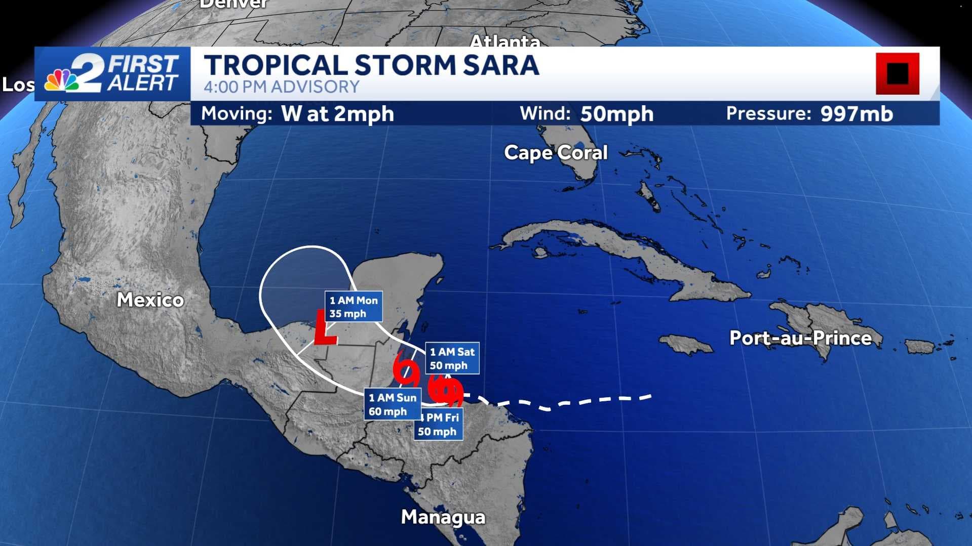 Tropical Storm Sara slowing churning off the coast of Honduras