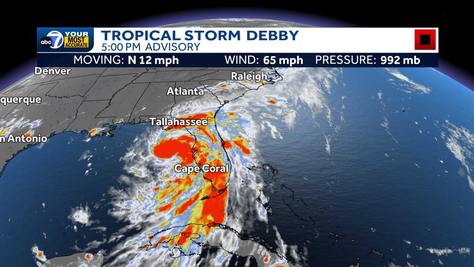Tropical Storm Debby strengthens, expected to become a hurricane as it nears Florida