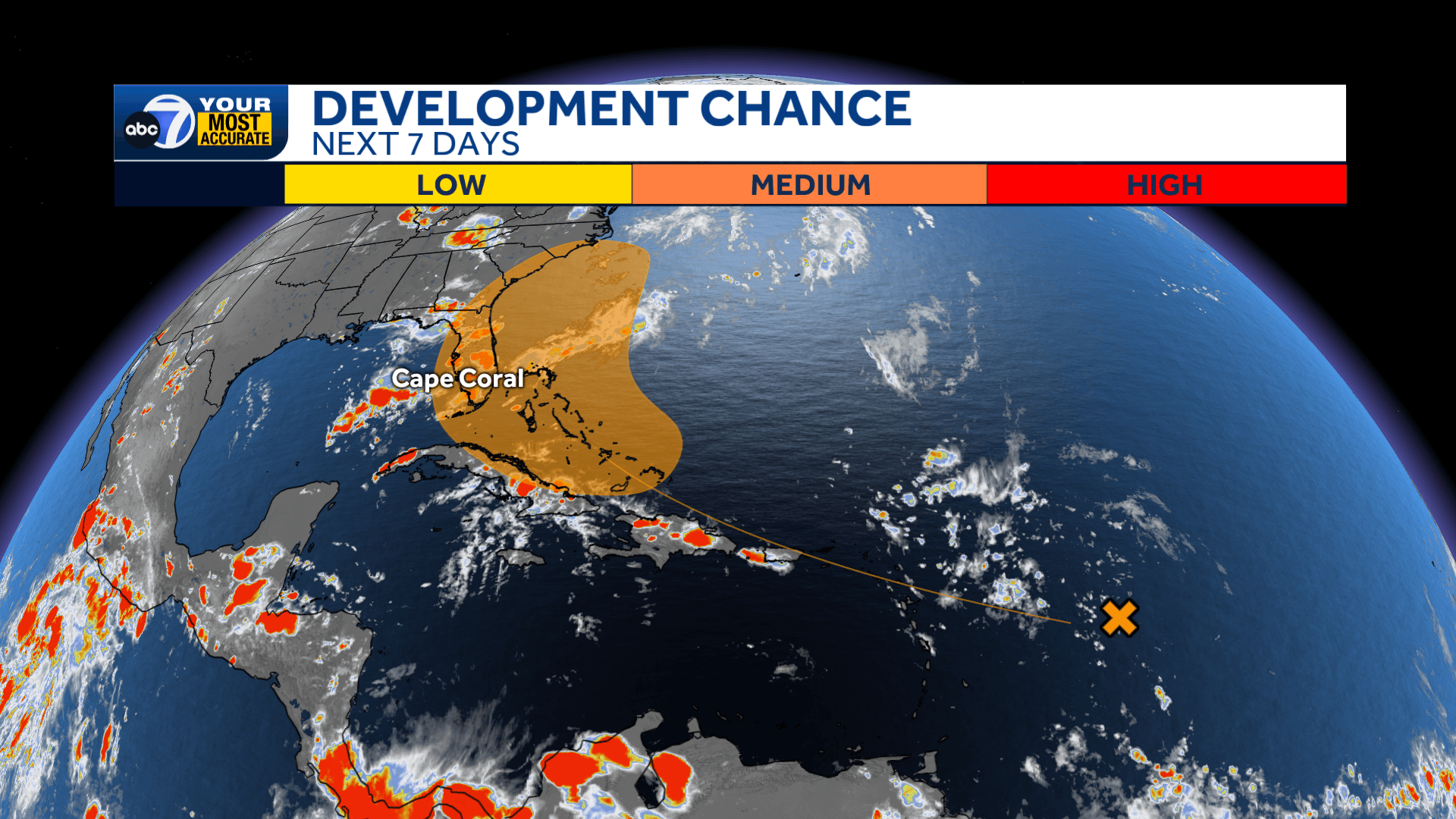 Florida still in an area of possible tropical development, which nudged east