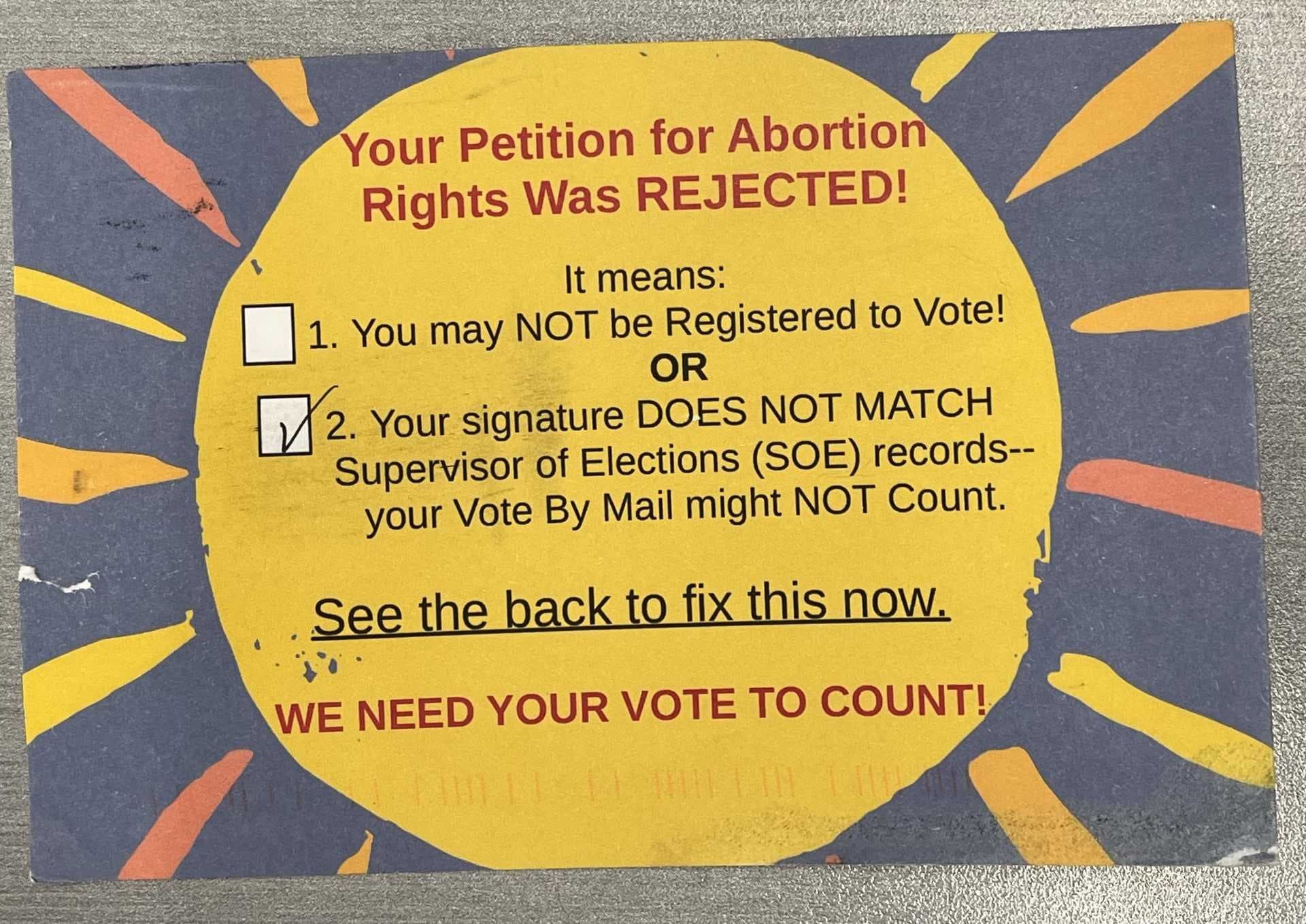 Postcard warns voters' mail ballot signatures might not count