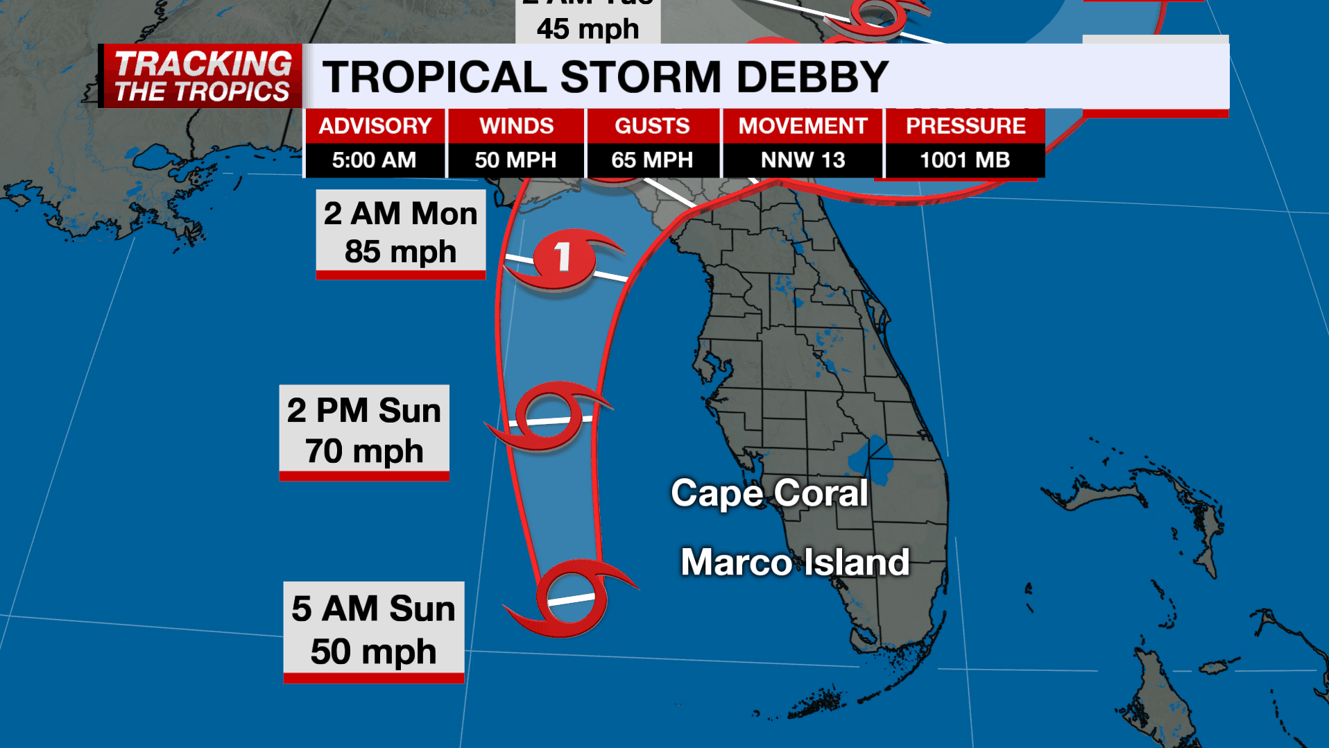 Tropical Storm Debby strengthening in the Gulf, expected to become a hurricane