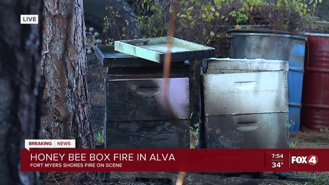 Honey bee boxes burn in Thursday morning Alva fire