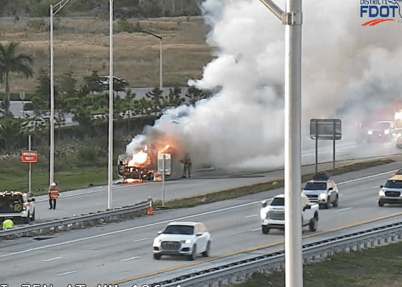 Truck towing shed catches fire on I-75 in Fort Myers