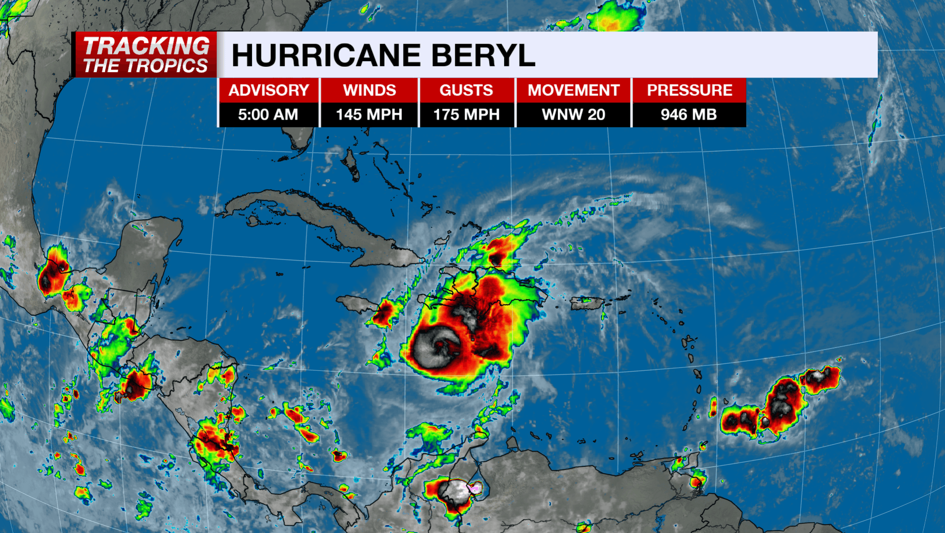 Category 4 Hurricane Beryl nearing Jamaica and Cayman Islands