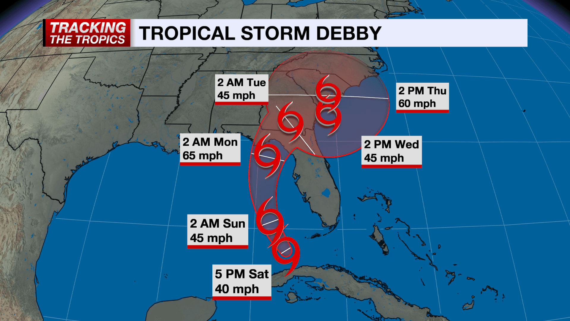Latest maps, models and paths of Tropical Storm Debby