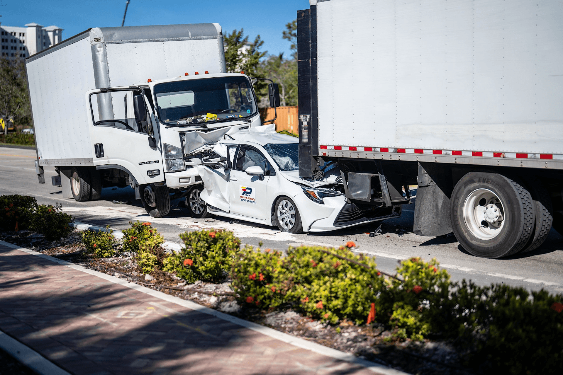 Student driver, instructor hospitalized after 3-vehicle crash between trucks