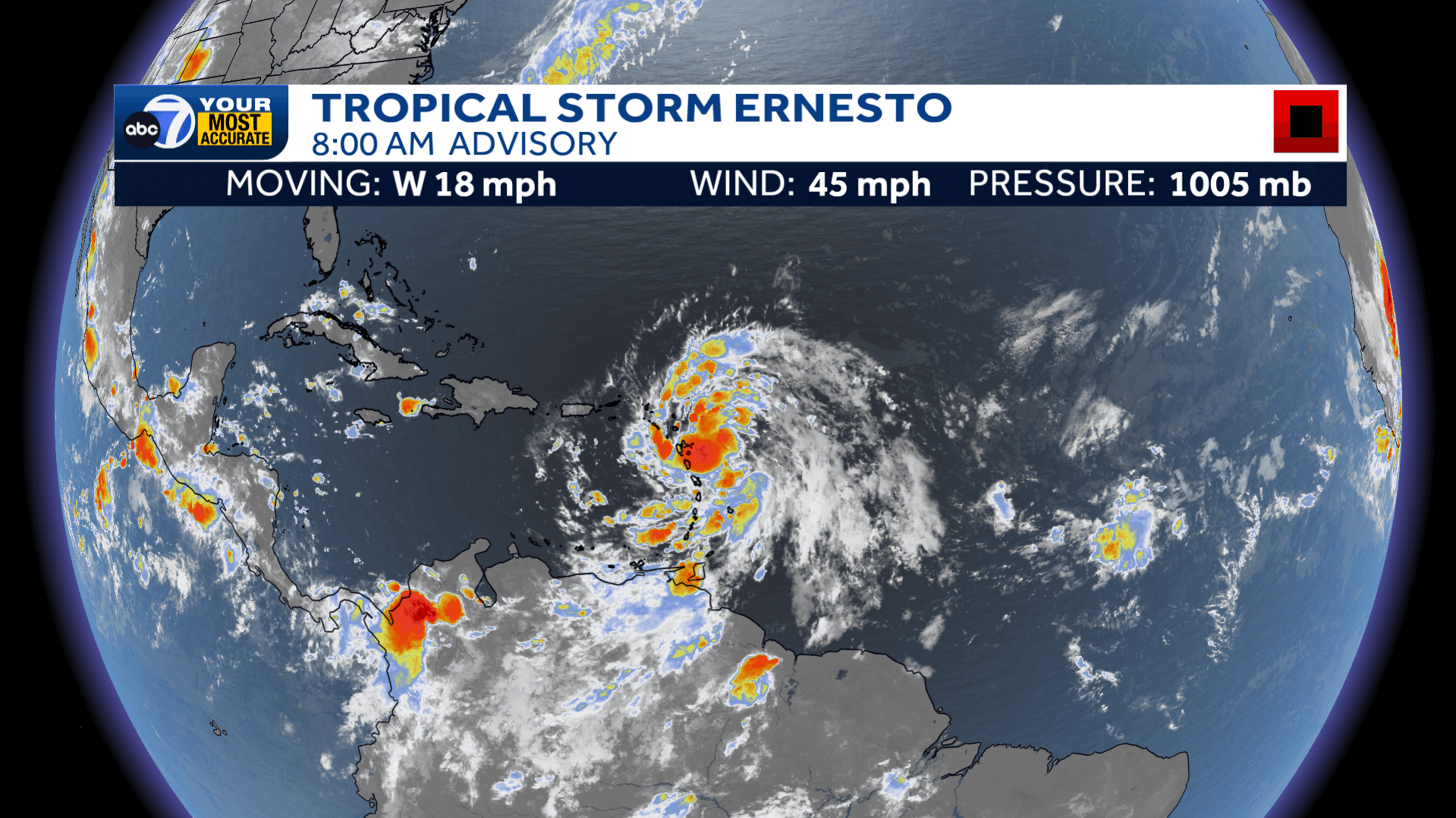 Tropical Storm Ernesto strengthens passing the Lesser Antilles