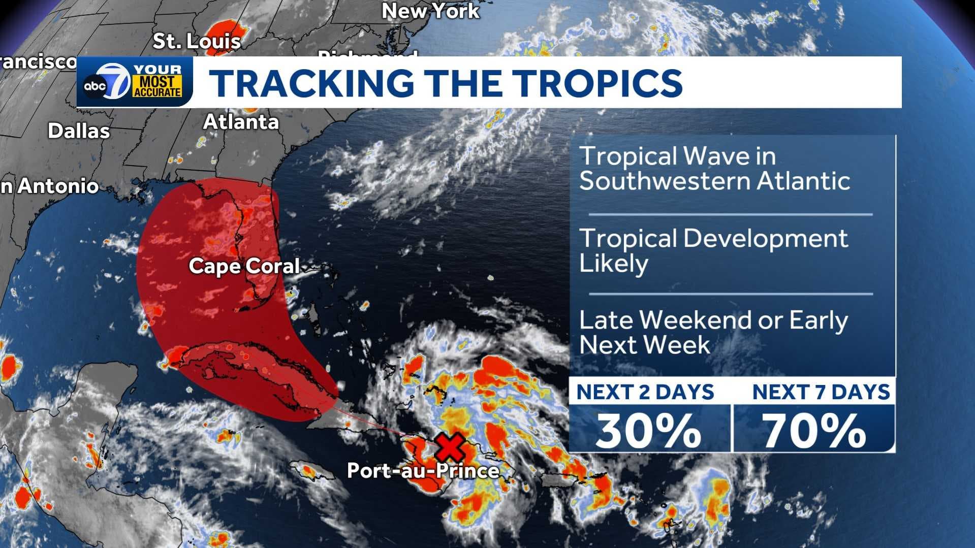 Monitoring tropical wave with 70% chance for development nearing Florida this weekend