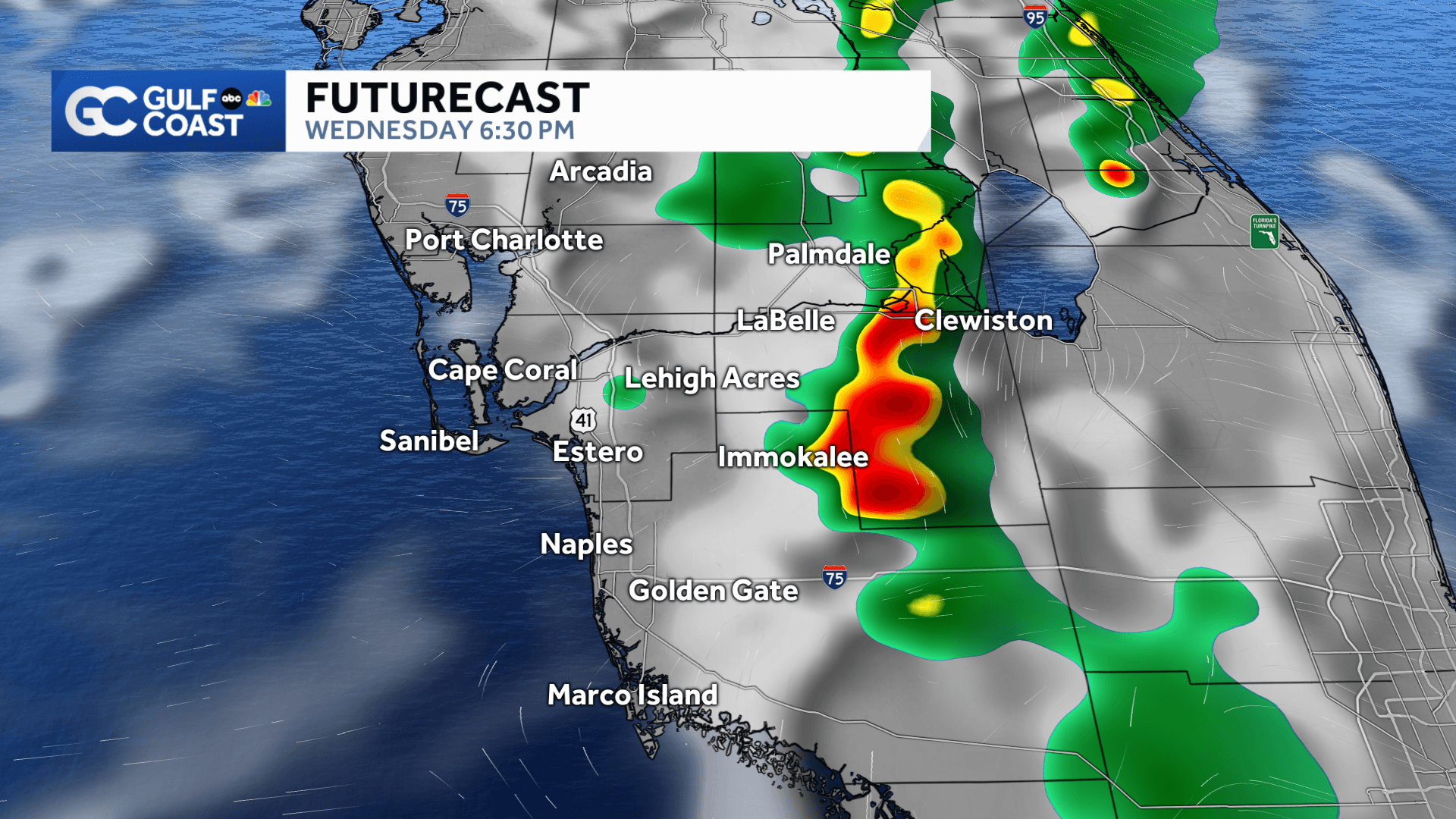 Storms building across inland areas Wednesday evening