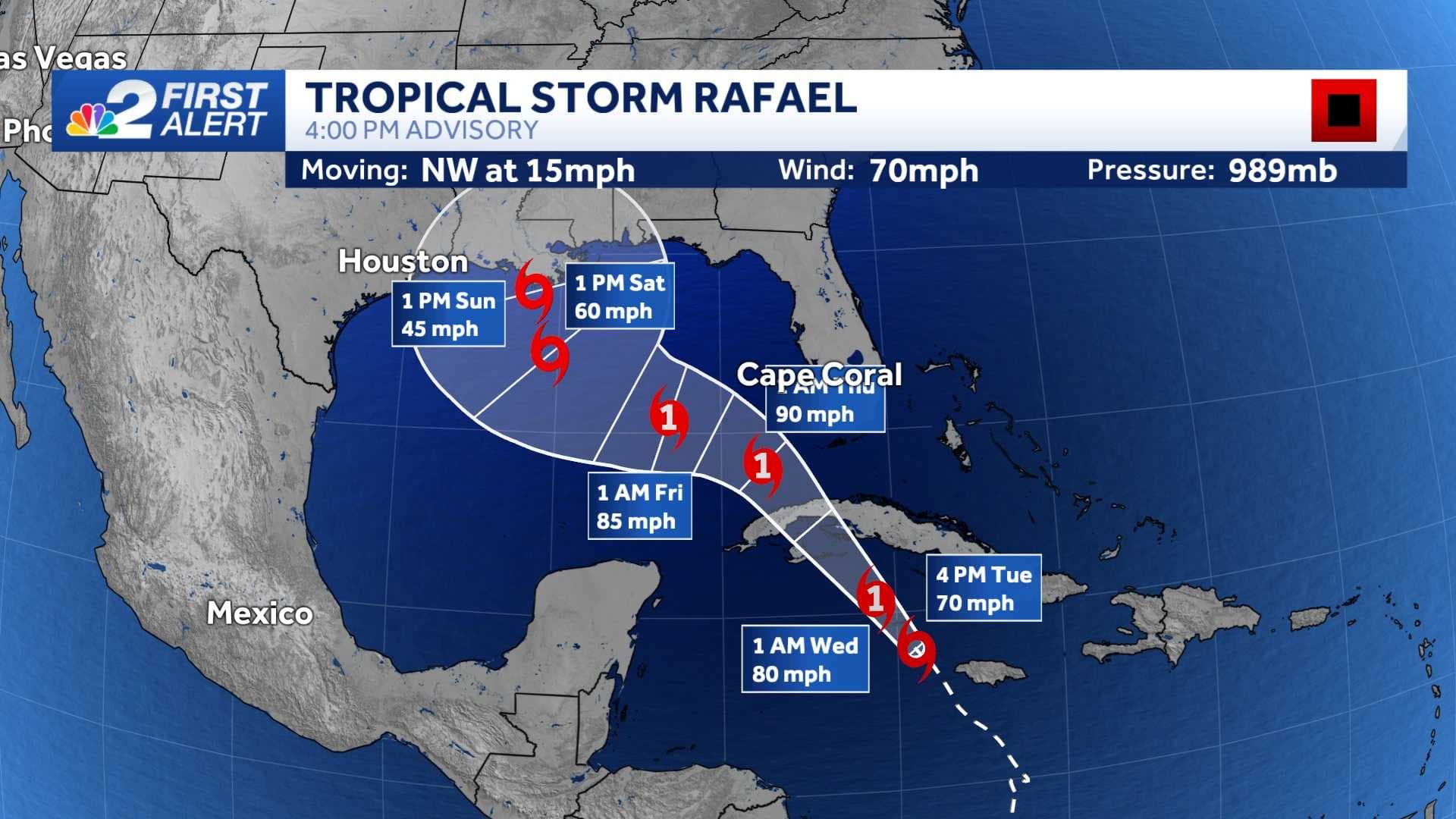 Tropical Storm Rafael nearing hurricane strength.